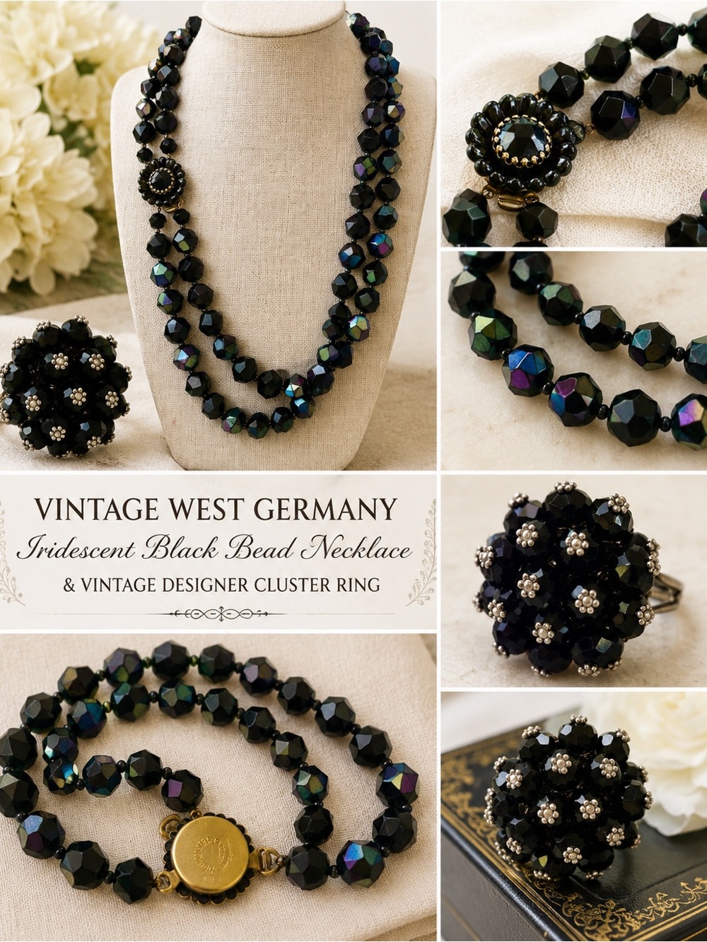Vintage Signed Germany Iridescent Black Bead Necklace & Designer Cluster Ring